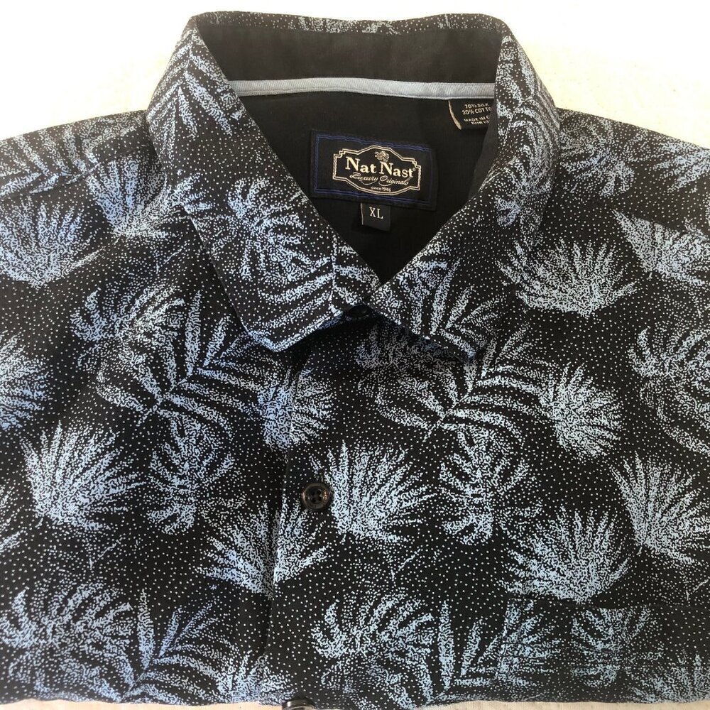 Nat Nast Hawaiian Shirt Mens Size XL Silk Blend Blue Tropical Leaves